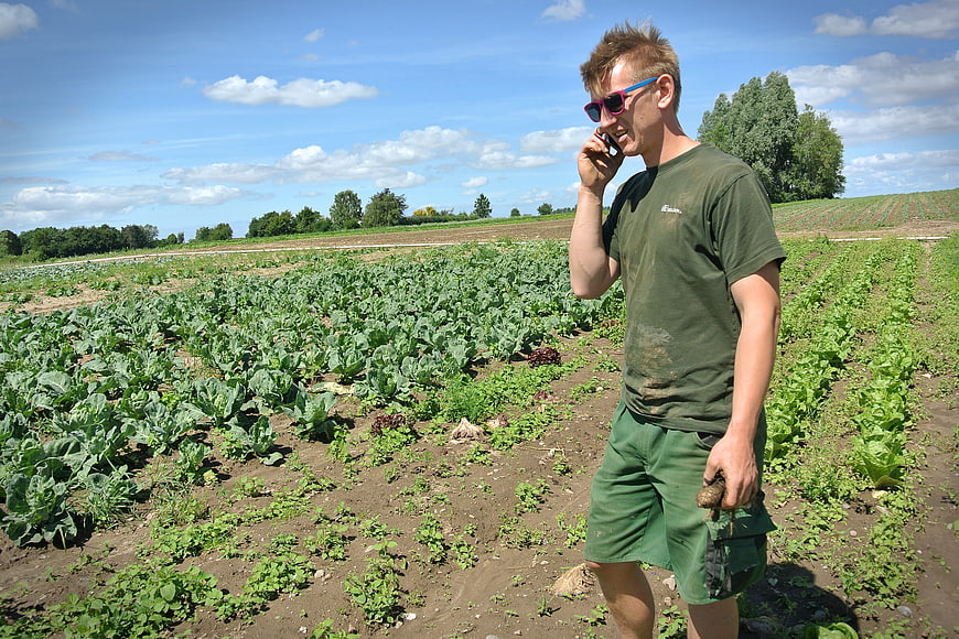 Farmer talking on phone in vegetable field
