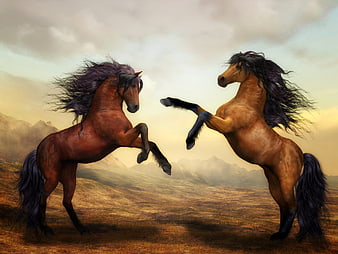 Two wild stallions rearing up in a dramatic mountain landscape