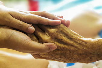 Close-up of young hands holding elderly hand in care