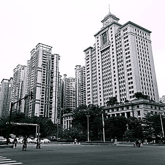 Black and white urban cityscape with tall skyscrapers