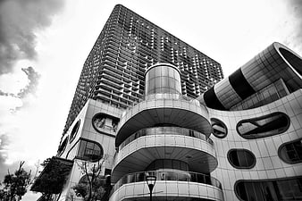 Black and white modern architecture with curved balconies
