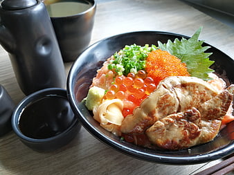 Japanese Seafood Donburi Bowl With Salmon Roe And Grilled Tofu