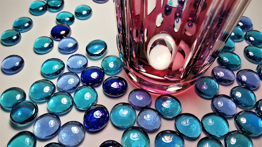 Pink Glass Cup with Blue and Teal Glass Marbles