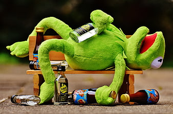 Drunk Kermit the Frog Plush Toy with Miniature Alcohol Bottles