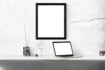 Minimalist Poster Mockup With Laptop And Radio On Concrete Shelf