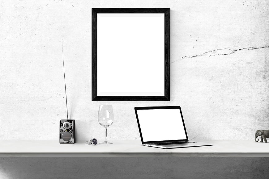 Minimalist Poster Mockup With Laptop And Radio On Concrete Shelf