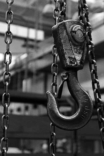 Close-up of Heavy Metal Crane Hook and Chains