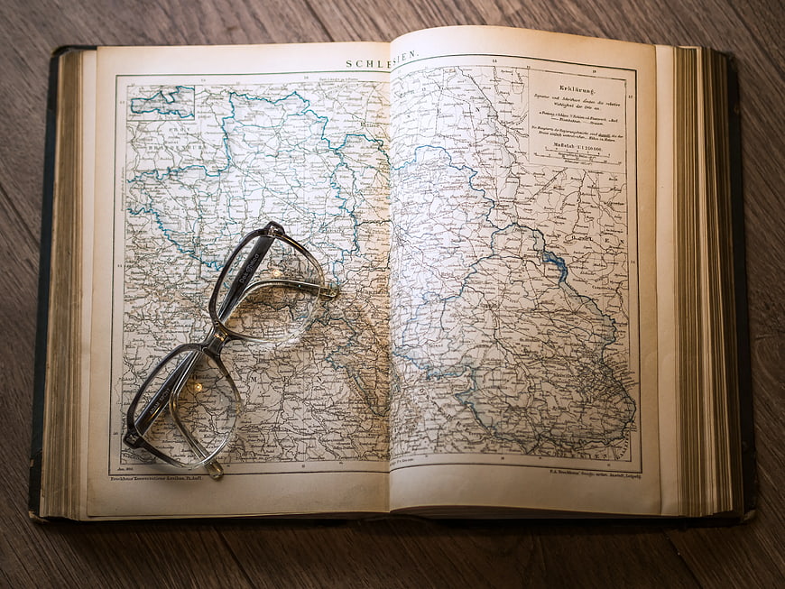 Vintage Map of Silesia with Eyeglasses on Open Book