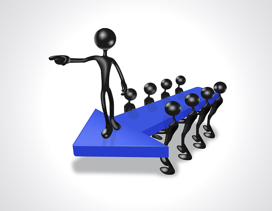 3D Black Stick Figures Pushing Blue Arrow Teamwork Concept