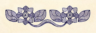 Symmetrical blue floral ink drawing with hatching details