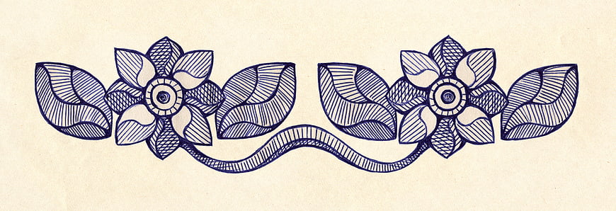 Symmetrical blue floral ink drawing with hatching details