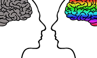 Illustration of Two Heads with Gray and Rainbow Brains