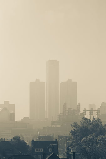 Hazy City Skyline with Skyscrapers and Residential Roofs