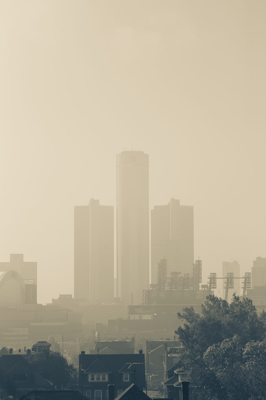 Hazy City Skyline with Skyscrapers and Residential Roofs