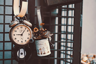 Vintage Alarm Clock and Dried Flowers on Metal Grid