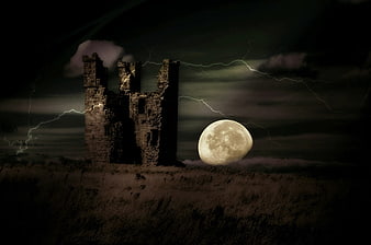 Spooky Castle Ruins with Lightning and Full Moon