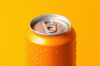 Close-up of orange soda can with condensation on yellow background