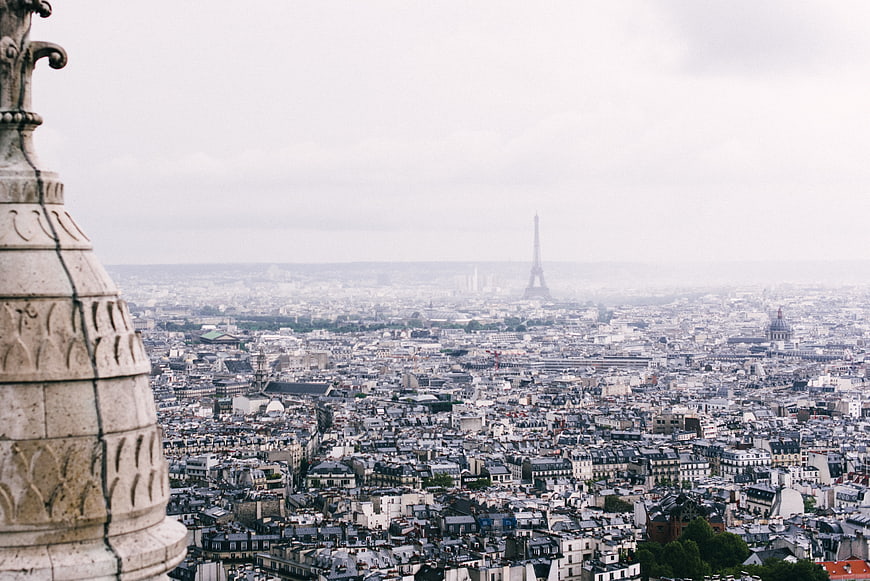 Paris Skyline with Eiffel Tower and Stone Spire