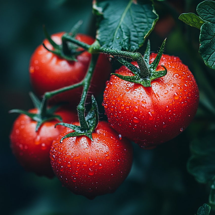 Fresh Red Tomatoes with Water Droplets on Vine