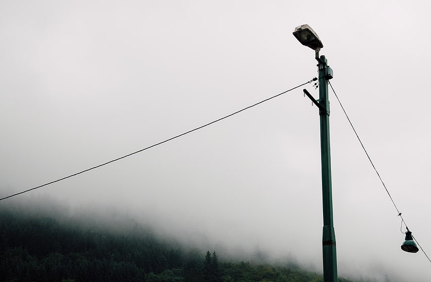 Green Street Lamp Pole in Foggy Forest Landscape