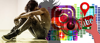Depressed Youth Sitting Beside Colorful Social Media Icons