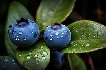 Fresh Blueberries with Water Droplets on Green Leaves