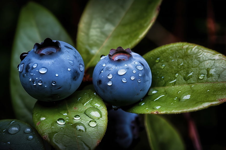 Fresh Blueberries with Water Droplets on Green Leaves