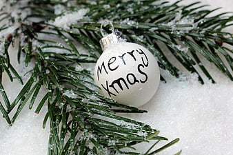 White Merry Christmas Bauble on Snowy Pine Branch