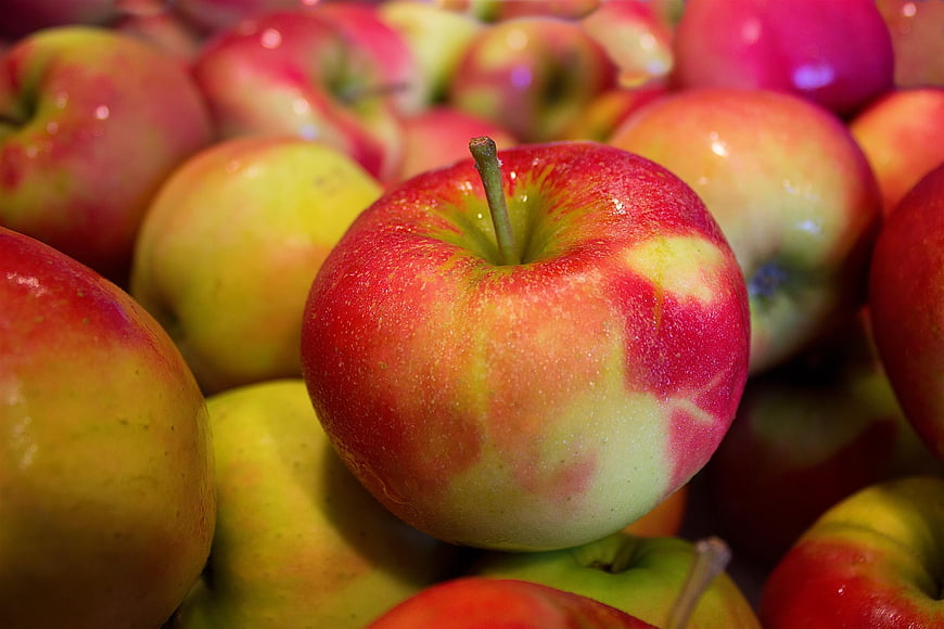 Close-up of fresh red and yellow apples with water droplets