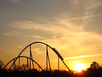 Roller Coaster Silhouette Against Golden Sunset Sky