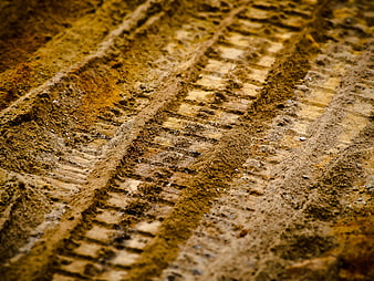 Close-up of tire tracks in textured sandy soil
