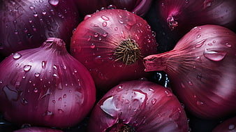 Fresh Red Onions with Water Droplets Close-Up