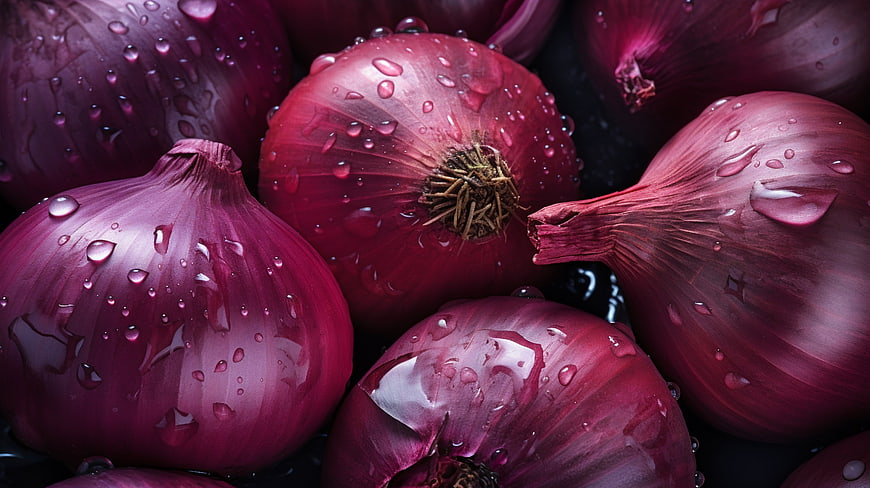 Fresh Red Onions with Water Droplets Close-Up