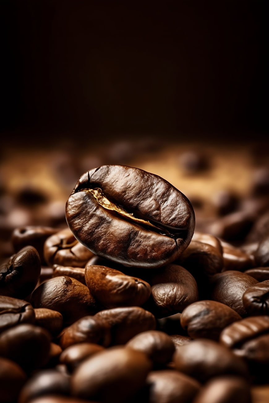 Macro shot of roasted coffee beans with dark background