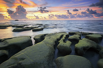 Dramatic Sunset Over Mossy Coastal Rocks and Ocean