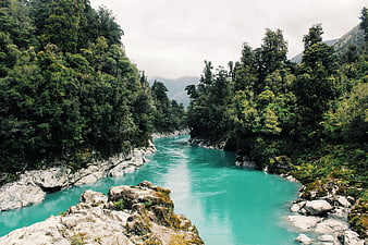 Turquoise river winding through lush green forest valley