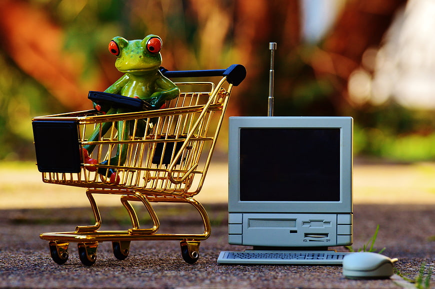 Miniature frog in golden shopping cart with retro computer