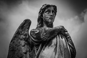 Black and White Stone Angel Statue in Cemetery