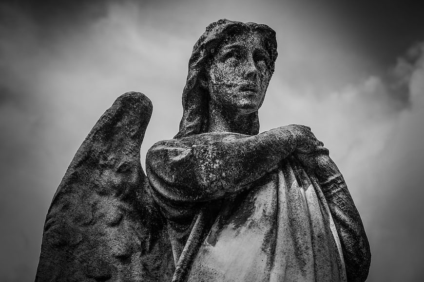 Black and White Stone Angel Statue in Cemetery