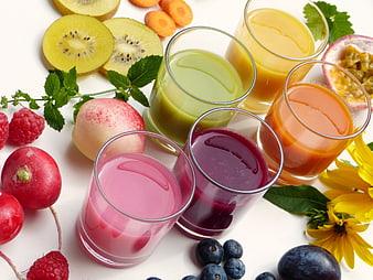 Colorful Fresh Fruit Smoothies With Kiwi, Peach, Radish, And Berries