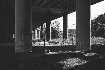 Black and white photo of makeshift grave under concrete bridge