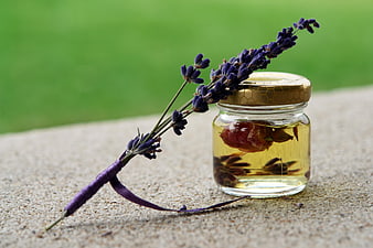 Lavender sprig and herbal oil jar on stone surface