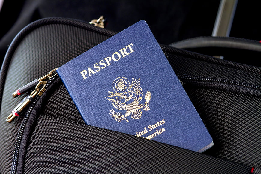 US Passport on Black Travel Bag