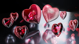 Glossy 3D Red Hearts With Rose Petals On Reflective Surface