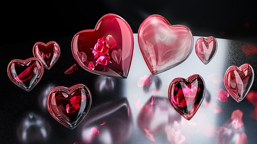 Glossy 3D Red Hearts With Rose Petals On Reflective Surface