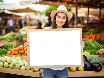 Woman holding blank sign at farmers market