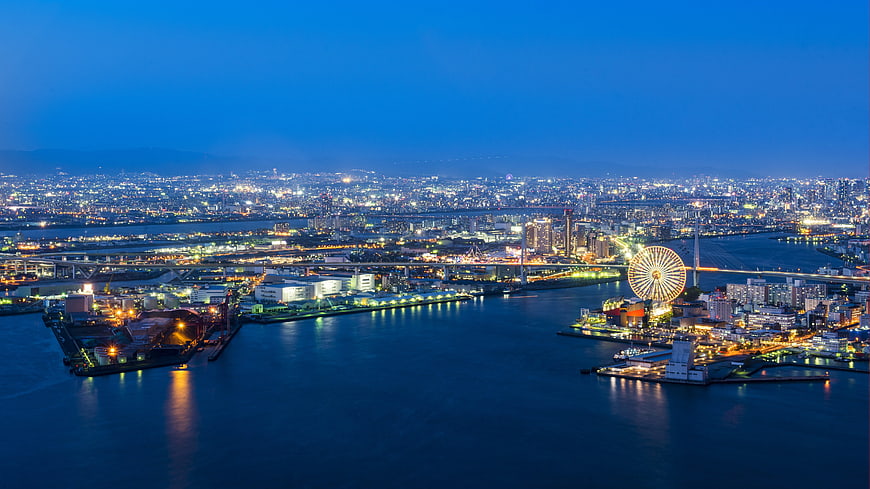 Aerial Night View of Osaka Port and Ferris Wheel