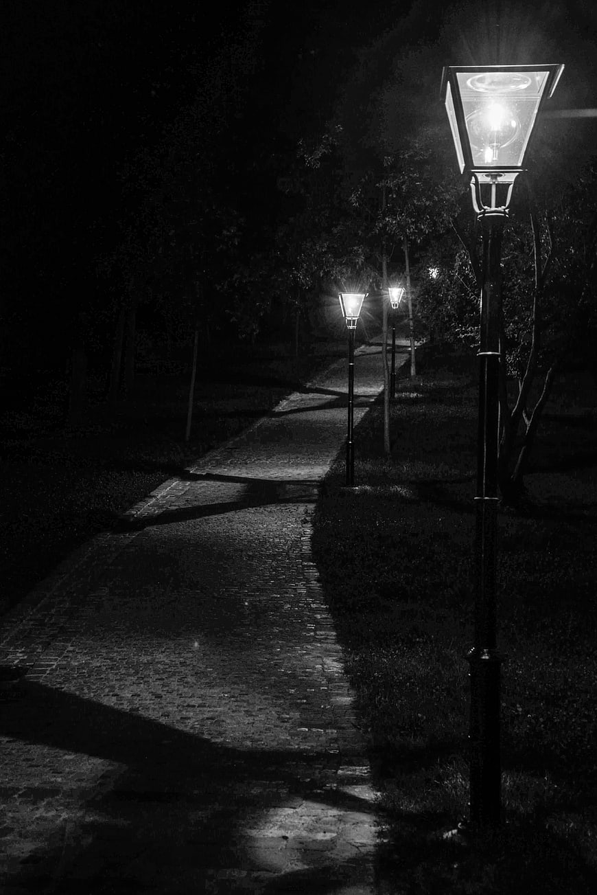 Black and white night path with glowing street lamps