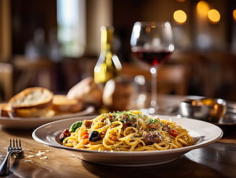 Delicious Pasta Dish with Red Wine in Restaurant
