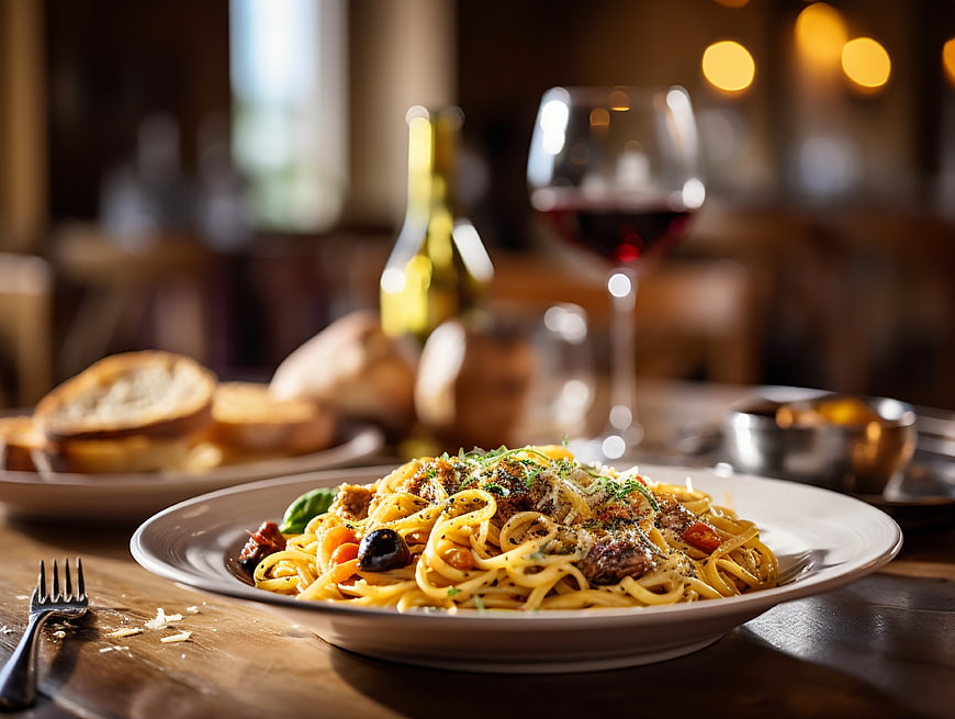 Delicious Pasta Dish with Red Wine in Restaurant